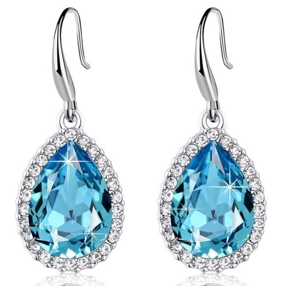 14K White Gold with Bermuda Blue Austrian Crystal Teardrop Halo Hook Earrings